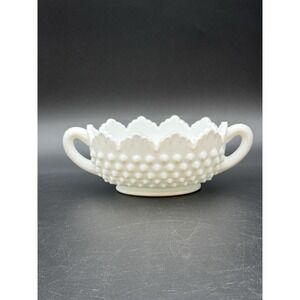 FENTON White Milk Glass Hobnail Double Handle Candy Bowl / Nut Bowl